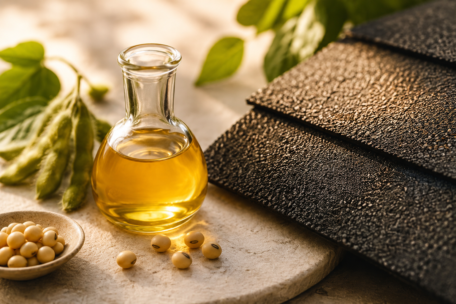 Soybean-derived treatment and soy beside a section of asphalt shingle in warm light