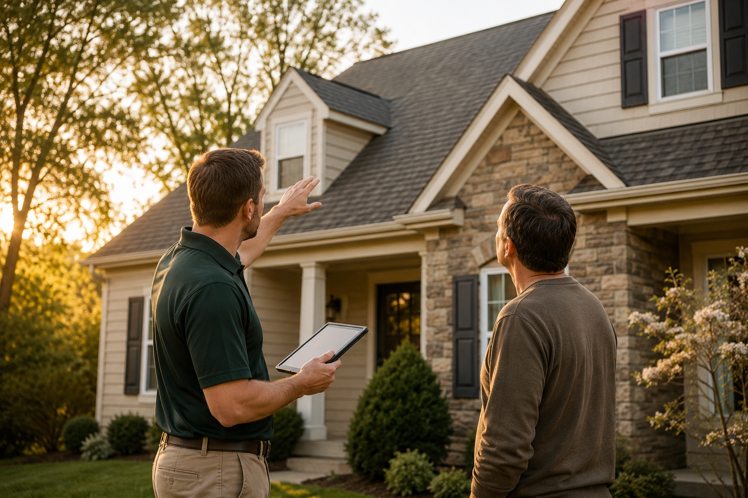 A licensed roofing professional reviewing a roof alongside a relaxed homeowner