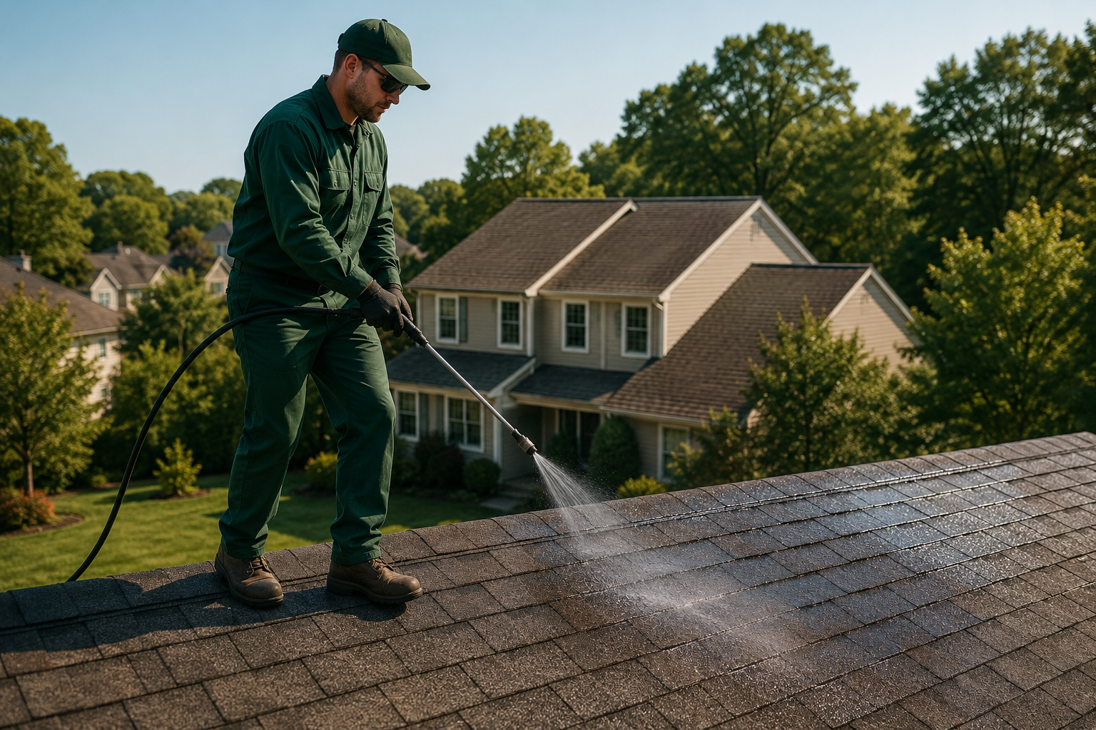 A RoofLife technician applying the low-pressure soybean-based treatment to an asphalt-shingle roof